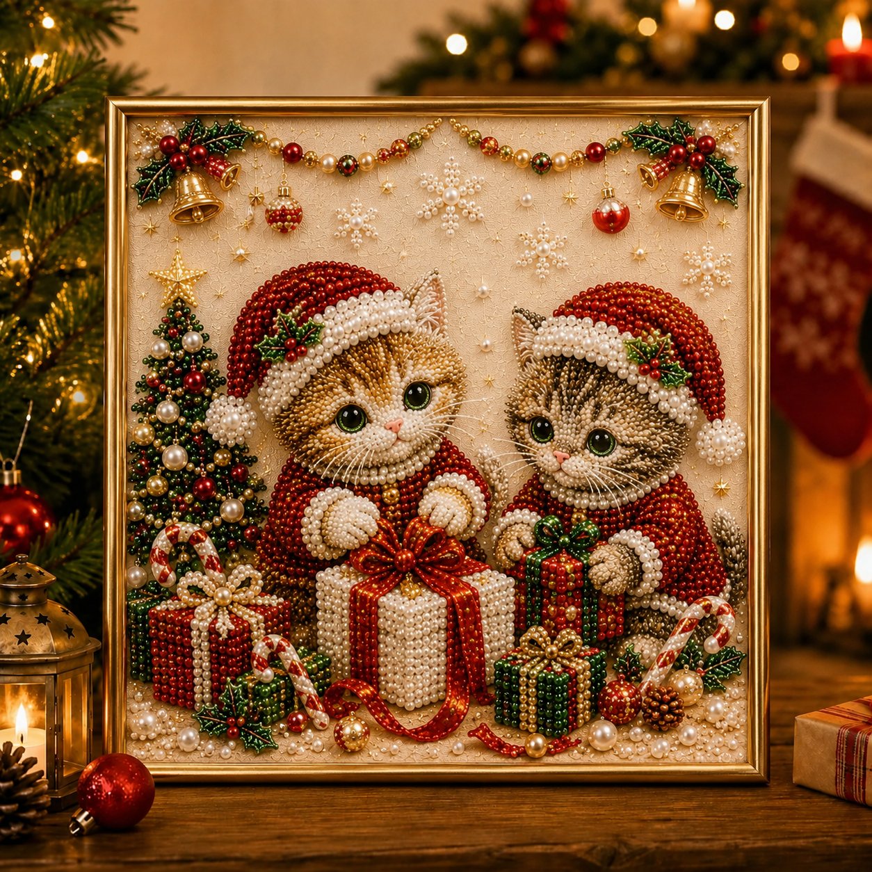 🎅🐱 LAST DAY 50% OFF-3D Pearl Christmas Cat Art Kit-Beginner-Friendly DIY Holiday Decoration ❄️🎄