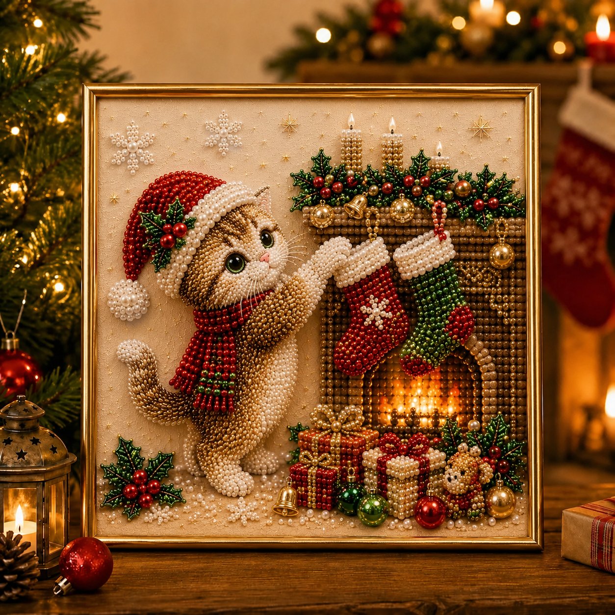 🎅🐱 LAST DAY 50% OFF-3D Pearl Christmas Cat Art Kit-Beginner-Friendly DIY Holiday Decoration ❄️🎄