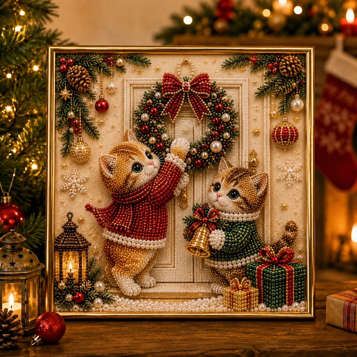 🎅🐱 LAST DAY 50% OFF-3D Pearl Christmas Cat Art Kit-Beginner-Friendly DIY Holiday Decoration ❄️🎄